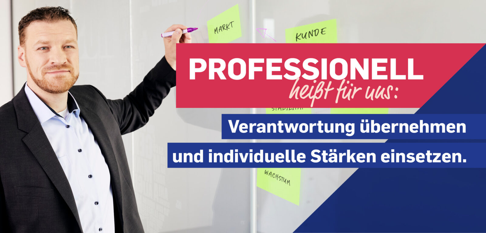 Mann in einem dunklen Anzug hat einen Stift in der Hand und zeigt auf beschriftete Haftnotizen