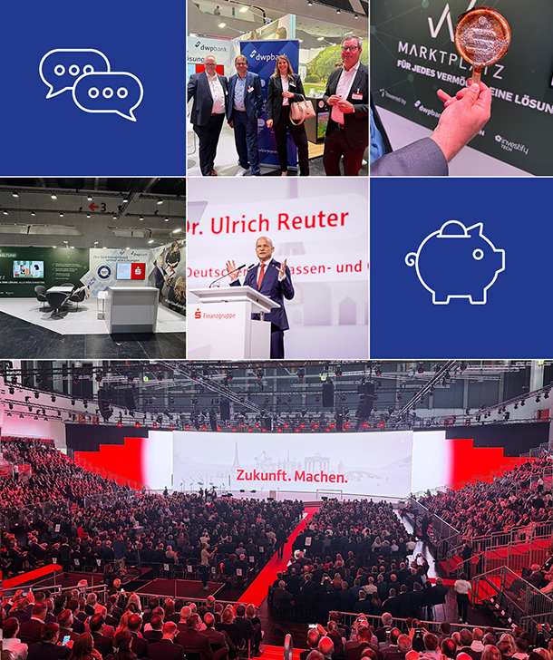 Die Bildcollage zeigt Vorstände der dwpbank, Redner auf Bühne, Besucher und Messestände beim Sparkassentag