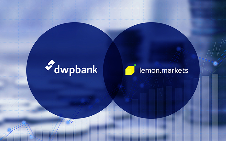 Darstellung der Logos von dwpbank und lemon.markets, symbolisiert Akquisition des Fintechs lemon.markets durch dwpbank.