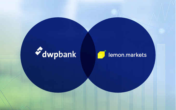 Darstellung der Logos von dwpbank und lemon.markets, symbolisiert die erfolgreich abgeschlossene Akquisition des Fintechs lemon.markets durch die dwpbank nach der Genehmigung durch die BaFin.