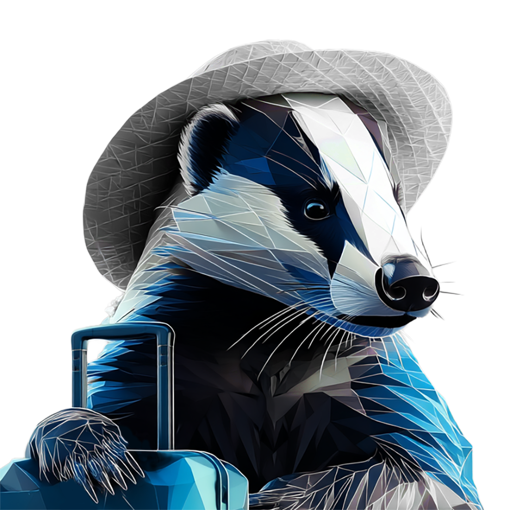 Polygonaler Dachs mit Hut hat eine Pfote an einem Koffer.