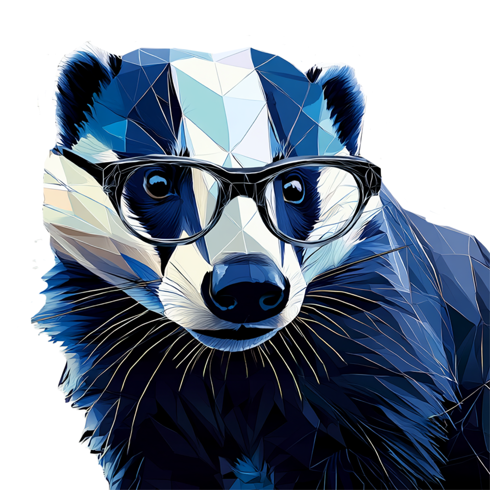 Polygonaler Dachs mit Brille schaut frontal nach vorne.