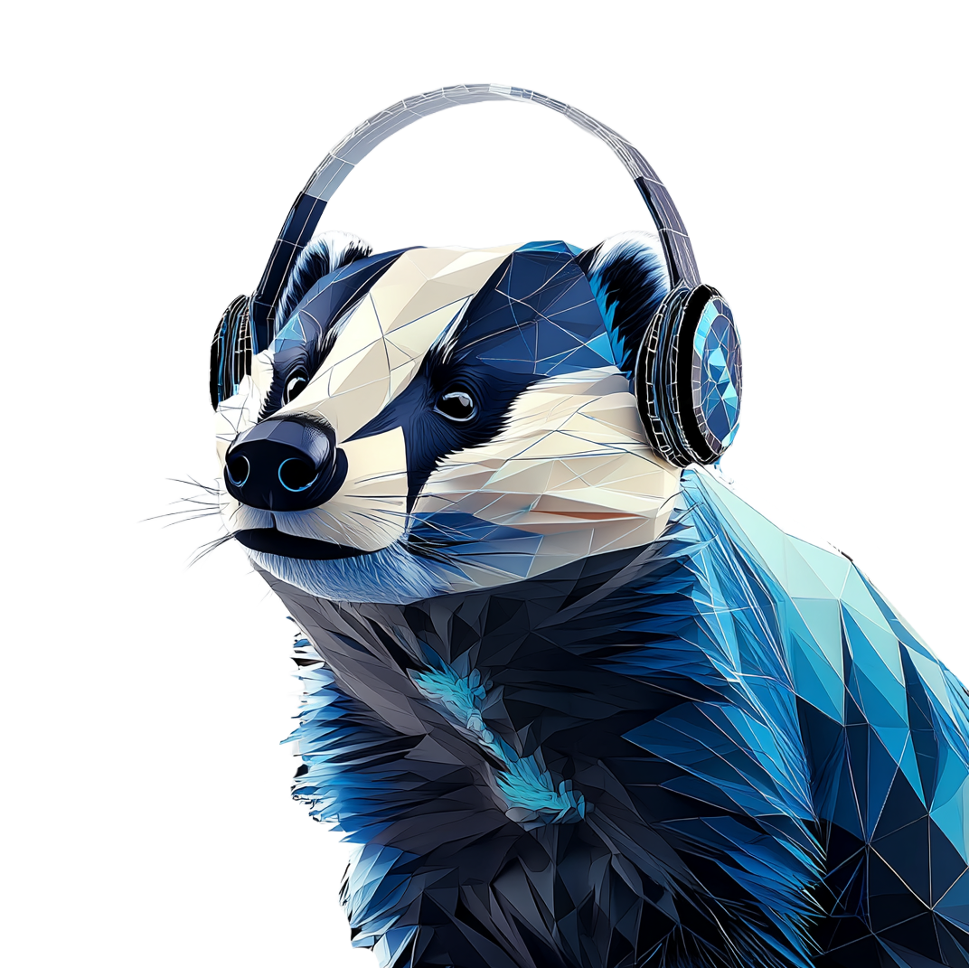 Polygonaler Dachs trägt große Kopfhörer und blickt seitlich.