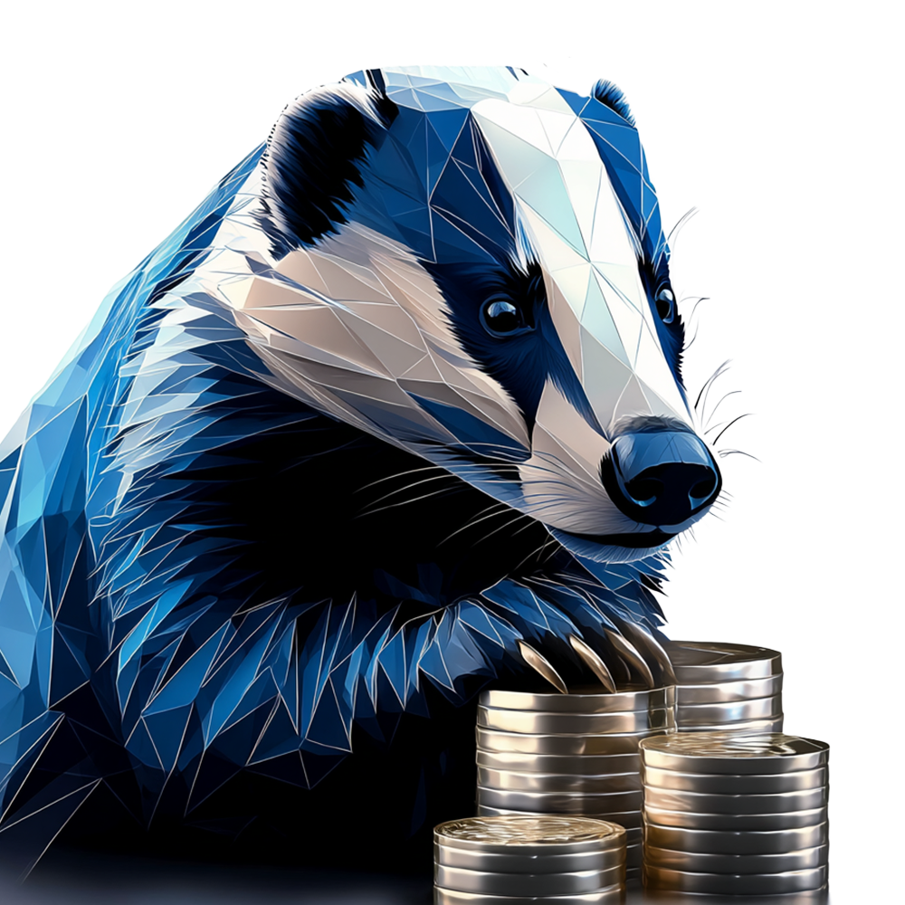 Polygonaler Dachs legt eine Kralle auf gestapelte Münzen.