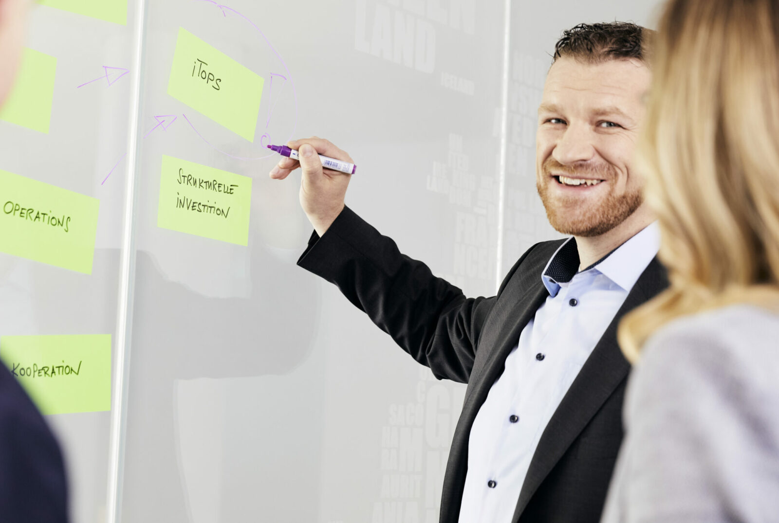 Person in Anzug erklärt an einem Whiteboard mit Post-its, während zwei andere Personen zuhören.