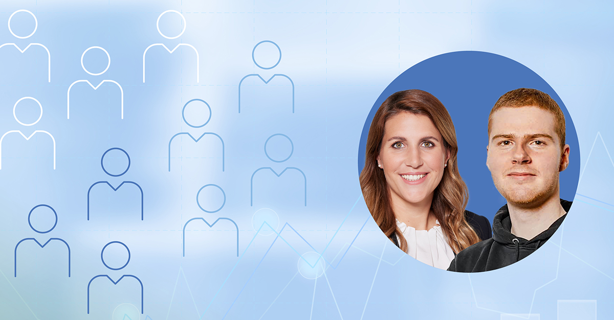 Eine Collage zum Thema Depotgeschäft mit Silhouetten von Menschen, grafischen Linien sowie den Porträts von Kristina Lindenbaum und Max Linden.