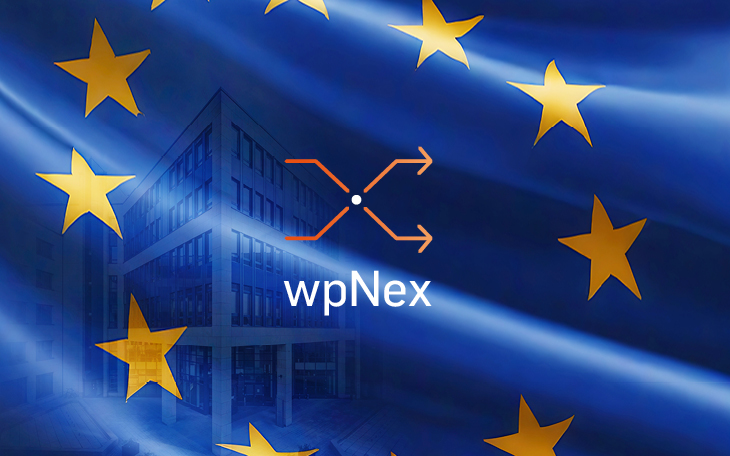 EU-Flagge mit wpNex-Logo symbolisiert MiCAR-regulierten Krypto-Handel der dwpbank.