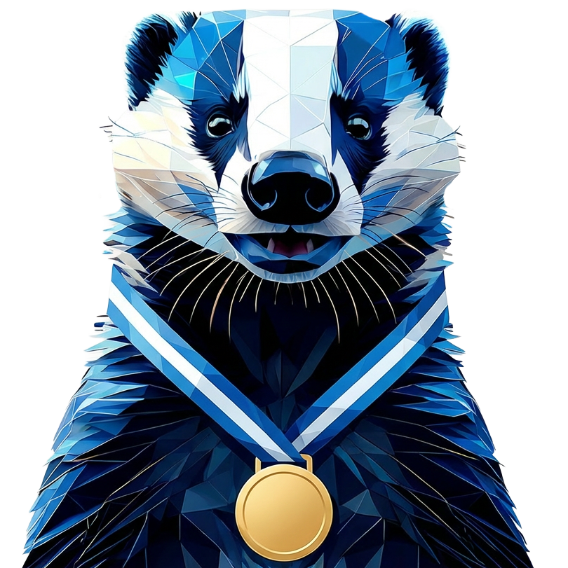 Polygonaler Dachs mit Goldmedaille, symbolisiert Auszeichnung und Erfolg.