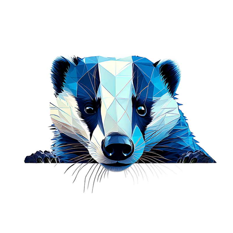 Polygonaler Dachs schaut neugierig nach vorne, Kopf und Pfoten sichtbar.