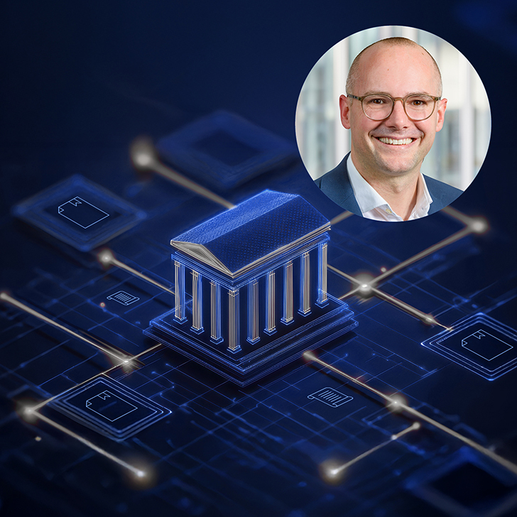 Porträt von Michael Duttlinger, CEO von Cashlink, neben einem digitalen Bankgebäude-Symbol im Kontext der Distributed-Ledger-Technologie (DLT).