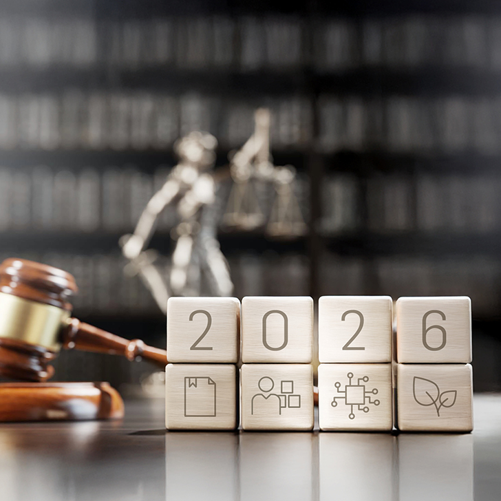 Das Bild zeigt Würfel mit Symbolen zum Thema Regulatorik Wertpapiergeschäft. Dahinter sieht man einen Richterhammer und eine Justitia-Figur.