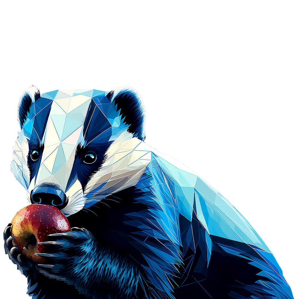 Polygonaler Dachs hält einen roten Apfel mit beiden Pfoten in nähe der Schnauze.