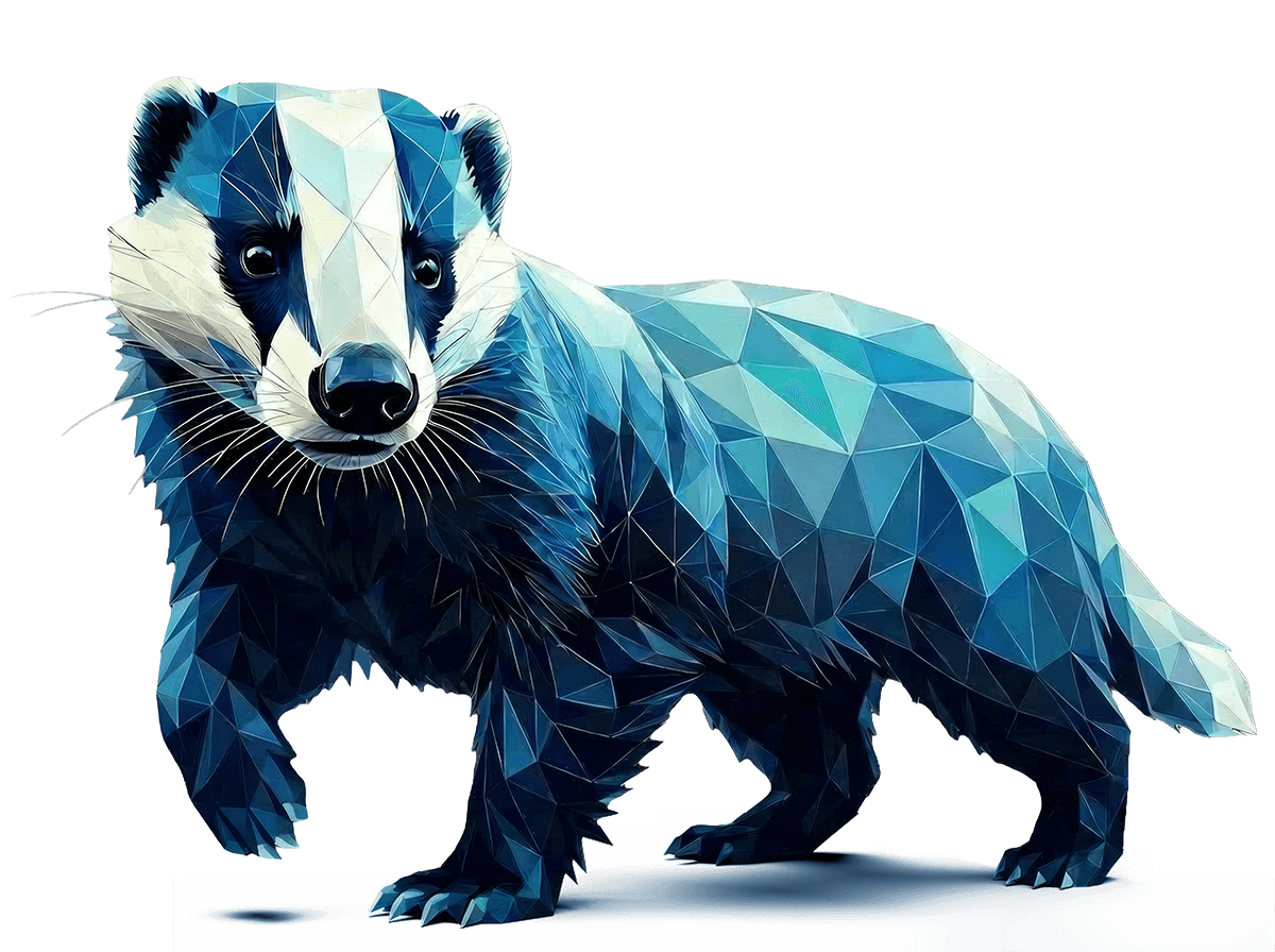 Polygonaler Dachs in Blau- und Weißtönen in lockerer Gehbewegung.