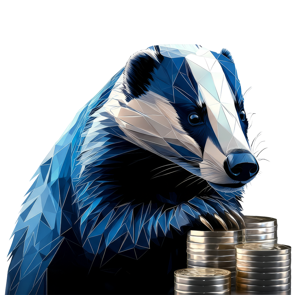 Polygonaler Dachs legt eine Kralle auf gestapelte Münzen.