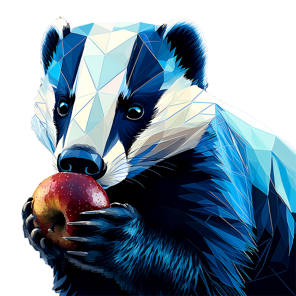 Polygonaler Dachs hält einen roten Apfel in den Pfoten.