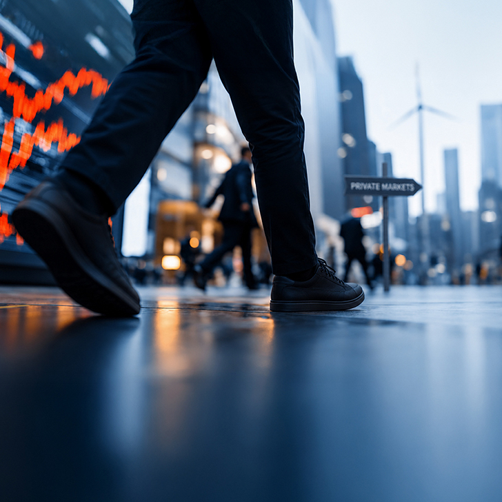 Das Bild zeigt in die Vorderansicht der Beine eines Mannes, der in einer modernen Fi-nanzmetropole auf ein Schild mit der Aufschrift „Private Markets“ zuläuft – symbolisch für den Markttrend zu ELTIFs im Retailgeschäft.