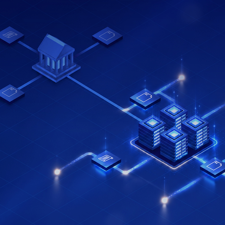 Isometrische Grafik zum hybriden Kapitalmarkt: Links die klassische Banken-Infrastruktur, rechts die DLT-basierte Infrastruktur mit DLT-Finanzinstrumenten, die über parallele Datenleitungen miteinander interagieren und zunehmend verschmelzen.